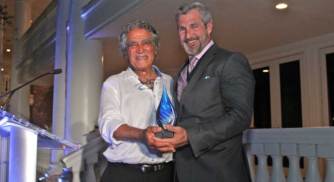 Amos Nachoum, pictured with Jay Wade, received honors at the International SeaKeepers Society 2019 Founders Event, attended by superyacht owners and crew