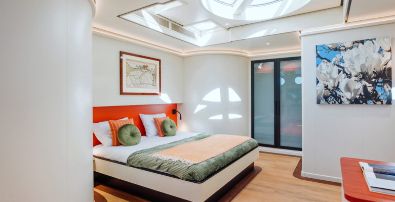 the master suite aboard the yacht Scintilla Maris